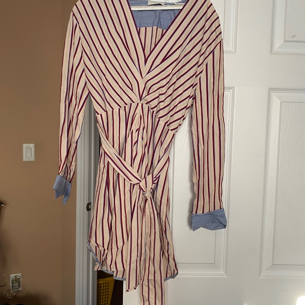Striped Long Sleeve Wrap Dress in Cream and Burgundy